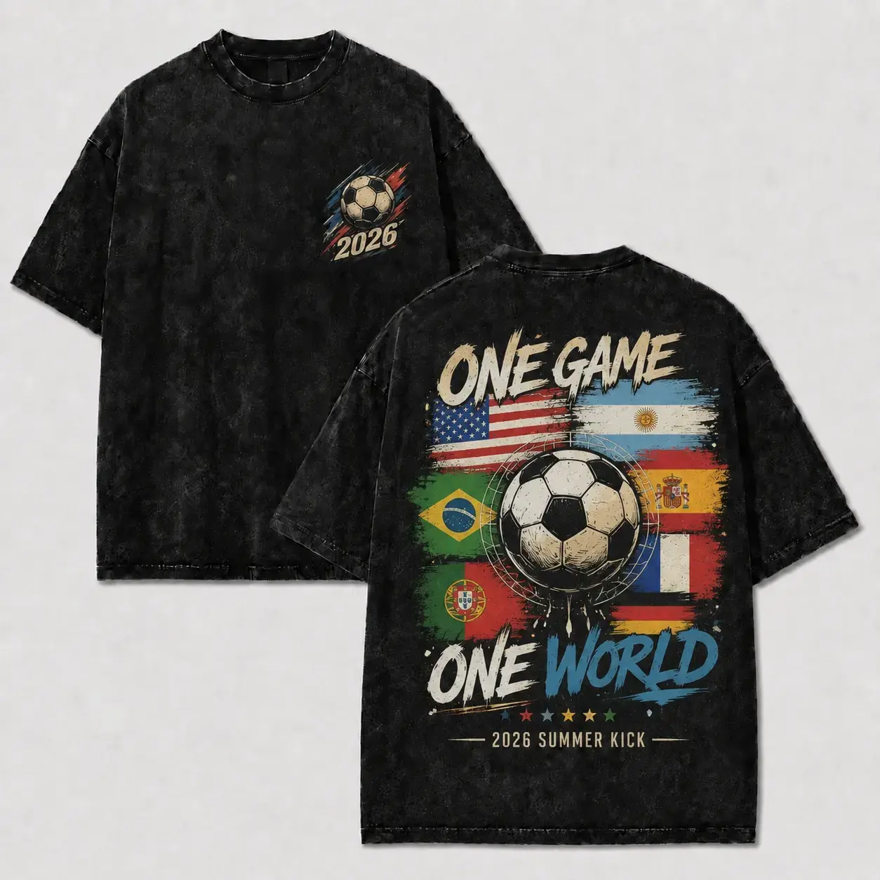 One Game One World Vintage Washed Soccer Fan Graphic Tee 2026 Global Football Shirt International Sports Lover Gift fathersdaygift oversized tshirt men