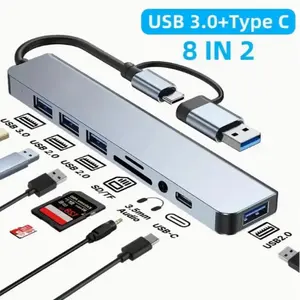 3.0 High-Speed USB C Hub USB Splitter USB Extension 8-In-1 USB Expander, Featuring 4 USB Ports, Type C Ports, 1 USBC TF/SD Card Reader, And 3.5Mm Audio Output, Compatible with Macbook Pro/Ipad Pro/Hp Laptops