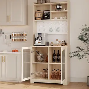 71" Kitchen Pantry Cabinet, Wooden Tall Sideboard Buffet Cabinet with Microwave Stand, Pegboard and Hutch, Pantry Storage Organizers Coffee Bar for Dining Room or Living Room