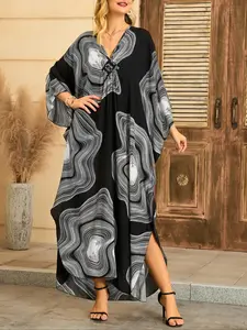 Women Kaftan Dresses Plus Size V-Neck Batwing Sleeves, Beach Cover Up Ethnic Pattern Kaftan Summer Floral Print, Casual Fashionable Design