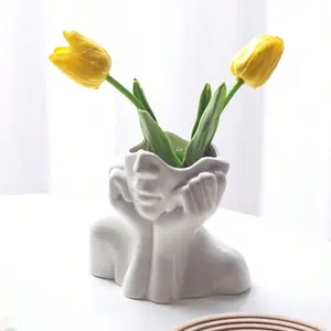 Simple Ceramic Face-Shaped Art Vase, Girl Face Design Home Decor Flower Pot Centerpiece Table Decoration, Figurines Decor