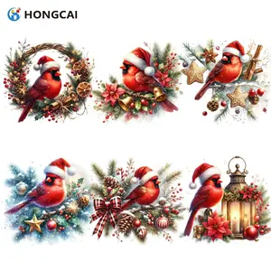 High-Quality 6-Piece Winter Holiday Christmas Cardinal Wreath Heat Transfer Vinyl Set, Durable Washable Fabric Decorations
