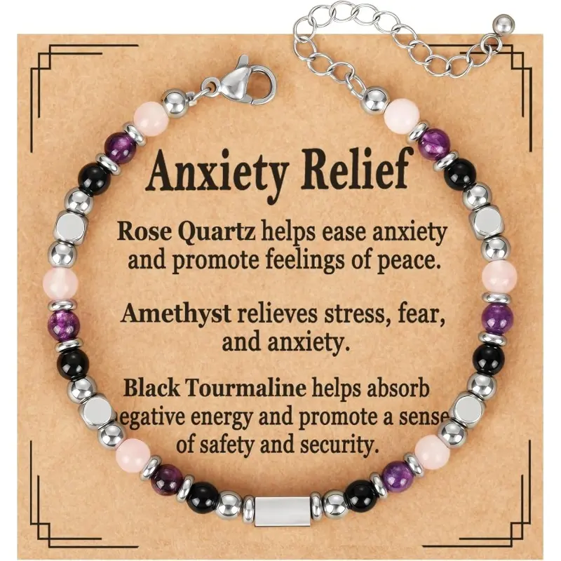 Women's Natural Amethyst Beads Healing Crystal Bracelet - Triple Symbolic, Adjustable (6.5+1.8 in), Fashion Bracelet Accessory for Daily Wear, Mother's Day Gift for Mom, Bracelets,summerwins