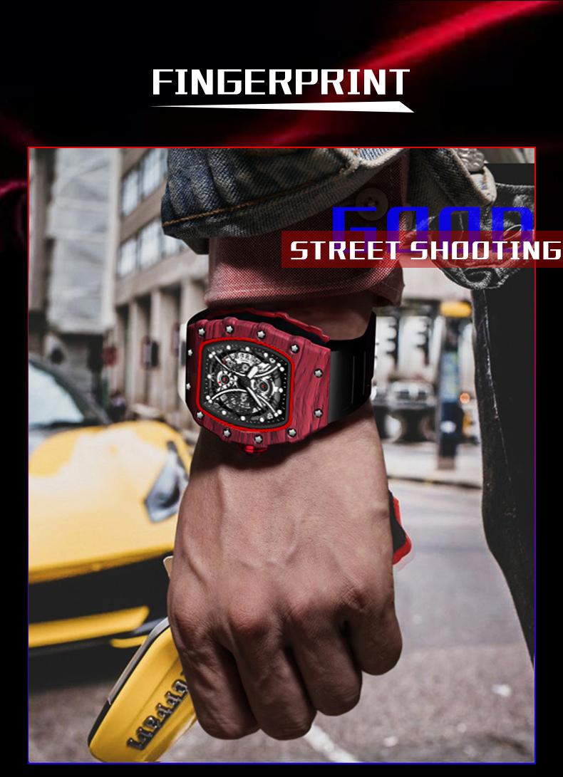 Men's Carbon Fiber Skeleton Tonneau Watch, Black Silicone Band, Sporty Quartz Wristwatch