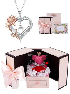 Moss Bear Rose Jewelry Gift Box With Rose Initial Love Heart Necklace for Women, Letter Alphabet Heart Necklace, Heart Design Necklace, Anniversary Birthday Jewelry Gifts for Wife Mom Girlfriend
