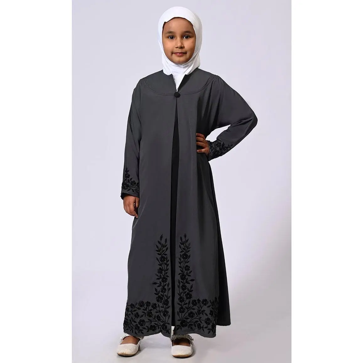 Elegant Ensemble: Girls' Grey Double Layered Embroidered Abaya with Belt