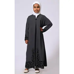 Elegant Ensemble: Girls' Grey Double Layered Embroidered Abaya with Belt