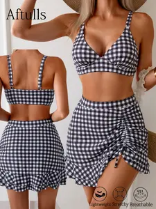 Women's Fashion Bikini Set, Sexy V-Neck Adjustable Straps, Plaid Print, Bra & Ruched Skirt Two-Piece, Vacation Style, Plaid Bikini Bottom