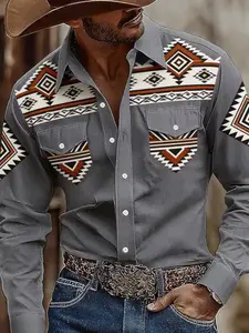Men's Western Cowboy Navajo Geometric Print Shirt, Vintage Workwear Pocket Long Sleeve Top, Casual Button Collared High Street Style Fitted Shirt