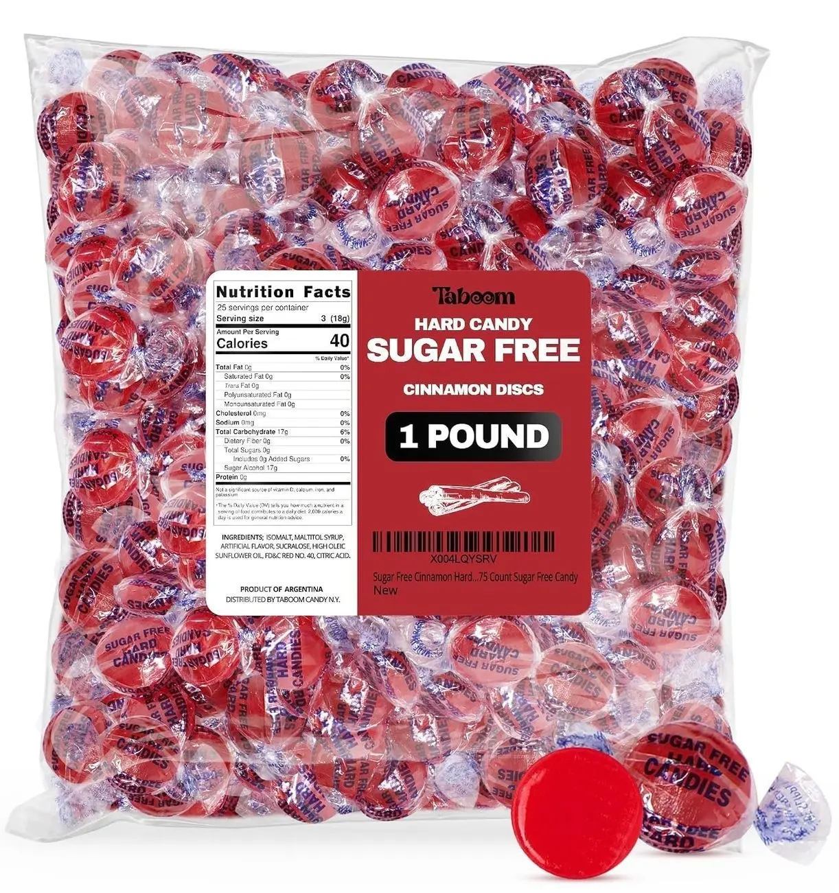 Sugar Free Hot Cinnamon Hard Candy Discs 1 Pound Candies - Approx. 75 Individually Wrapped Red Fiery Cinnamon Candies For Snacks & Treats, Sugar Free Candy - Taboom