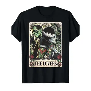 Unisex Frankenstein & Bride of Frankenstein The Lovers Tarot Card Graphic T-Shirt - Gothic Horror Tattoo Style, Retro Streetwear, Casual Crewneck, Relaxed Fit, Alternative, Short-Sleeve, Flannel-Accent, Leather-Detail, Cargo-Inspired Menswear Top,summervi
