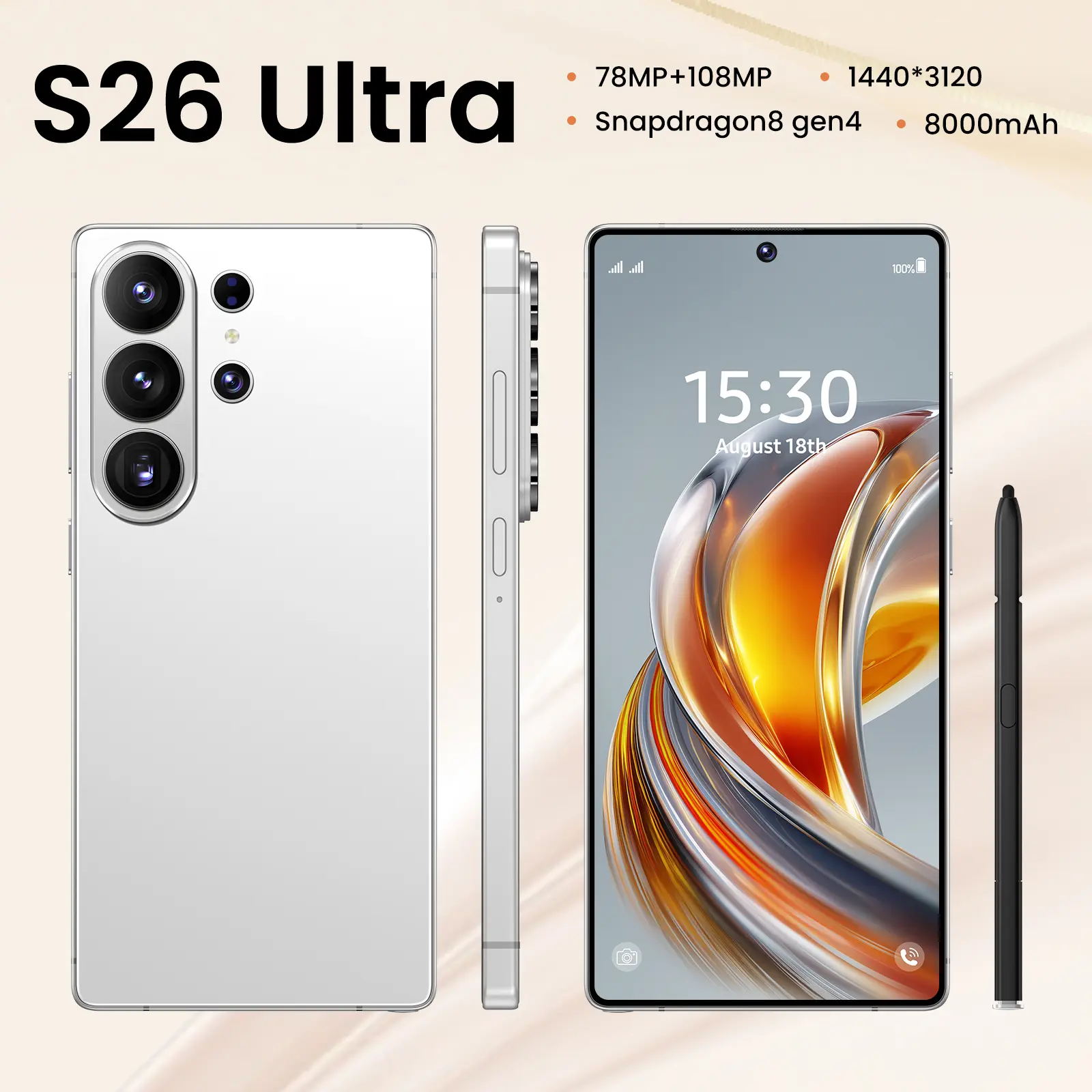2026 S26 Ultra 5G Unlocked Phone Gift Set: 12GB+512GB, Android 15, 6.99" HD Display, 78MP+108MP Cam, 8000mAh Battery, Stylus & Protector Included