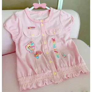 Japanese Single Breasted Cartoon Embroidery Tshirts Women Harajuku Fairy Kawaii T-shirt 2025 Y2k Aesthetic Ruffled Casual Tops