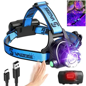High Lumen Rechargeable Sensor Headlight UV Flashlight, 3 Lighting Mode, 90° Adjustable Focus Head Lights For Forehead, Suitable For Camping, Teaching, Searching, Hunting, Fishing, With 2*18650 Battery