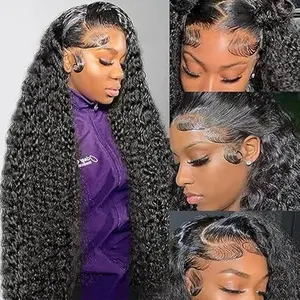 [32 inch $79.9] Haloqueen 34 Inch Lace Front Wig Human Hair 13x4 Deep Wavy Curly Wigs for Women Pre Plucked with Natural Baby Hair 180 Density Brazilian Virgin Deep Wave Frontal Wet and Wavy Wig Natural Color