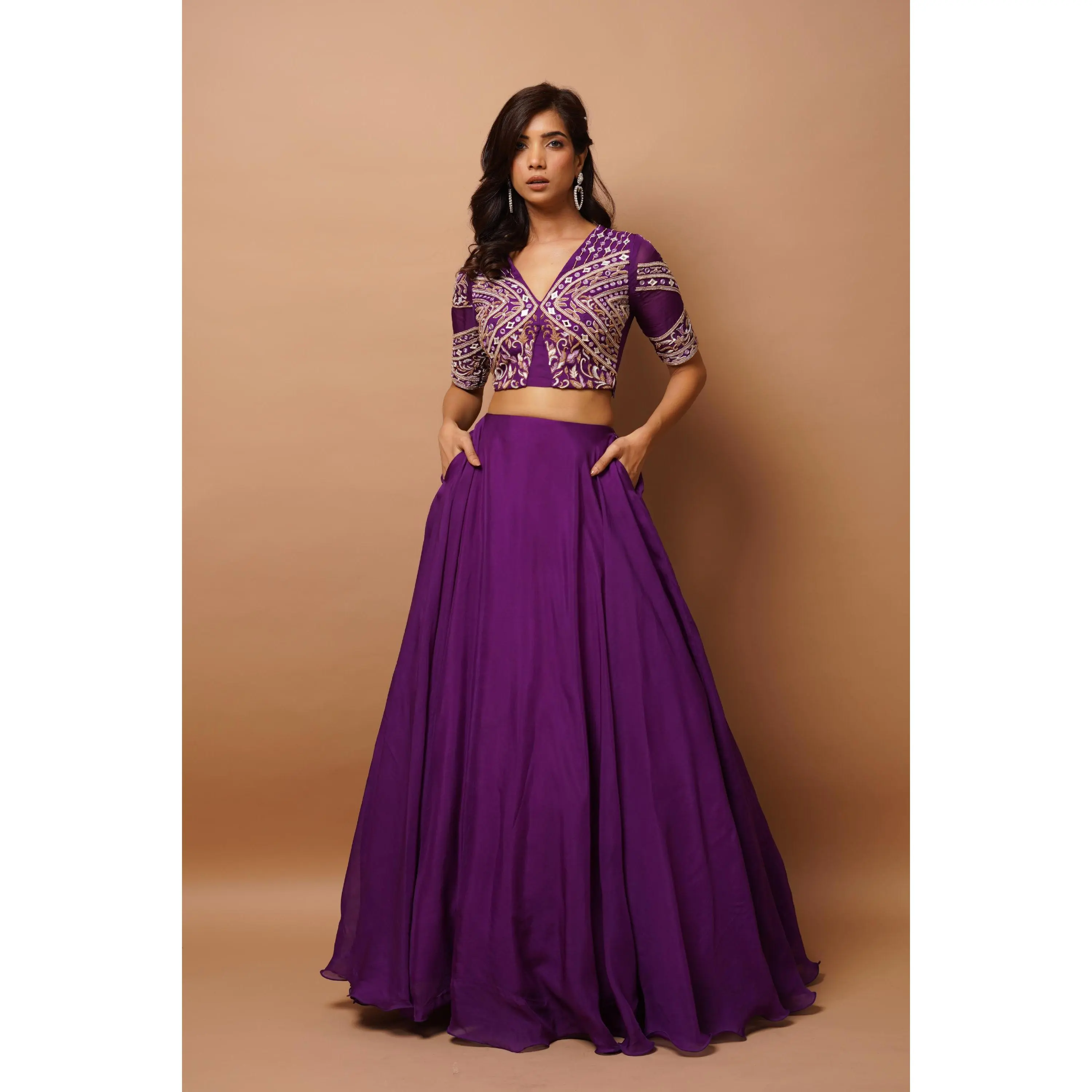 Dark Purple Organza Indo Lehenga Set (Set Of 2)