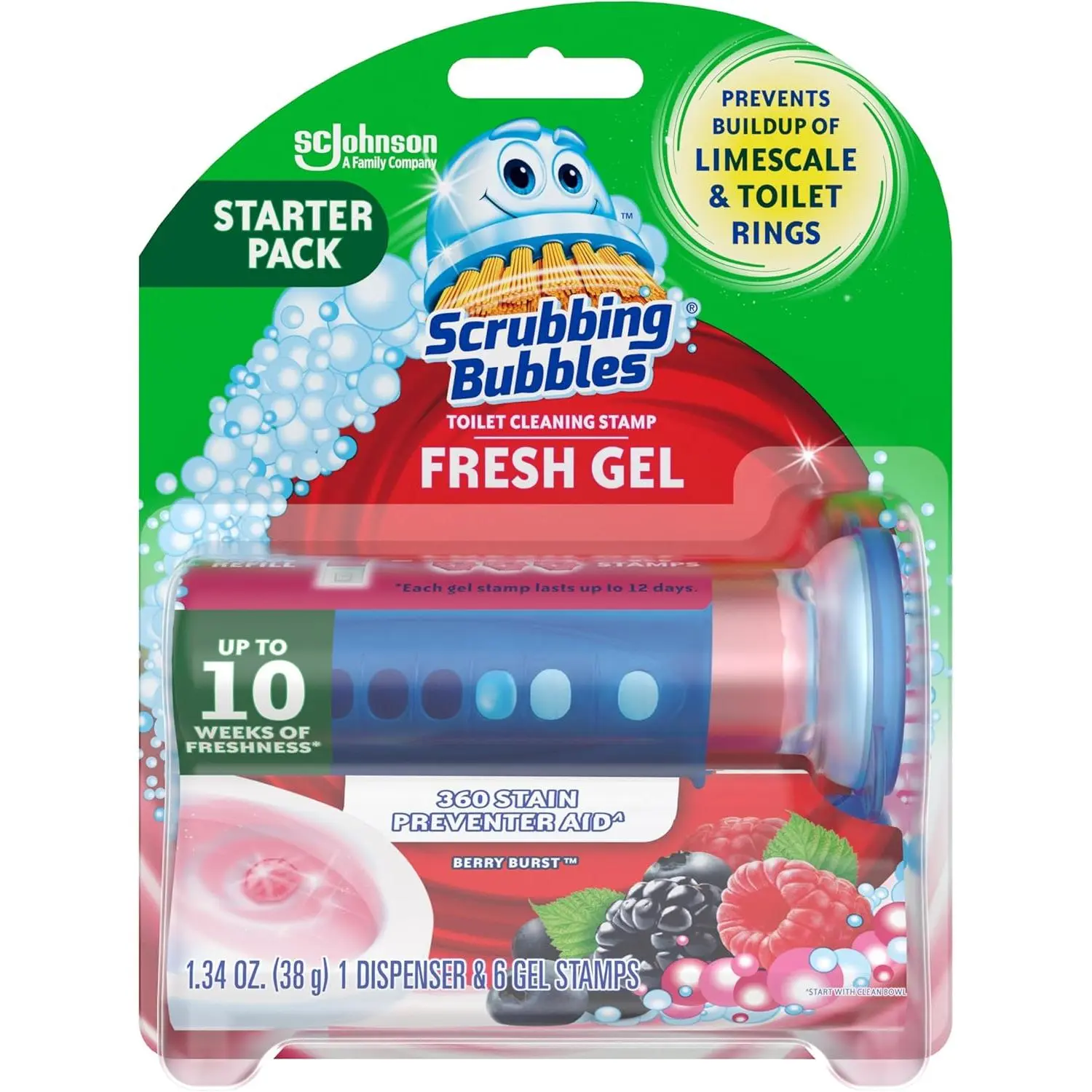 Scrubbing Bubbles Fresh Gel Toilet Bowl Cleaning Stamps, Helps Keep Toilet Clean and Helps Prevent Limescale & Rings, Berry Burst Scent, 1 Dispenser with 6 Fresh Gel Stamps