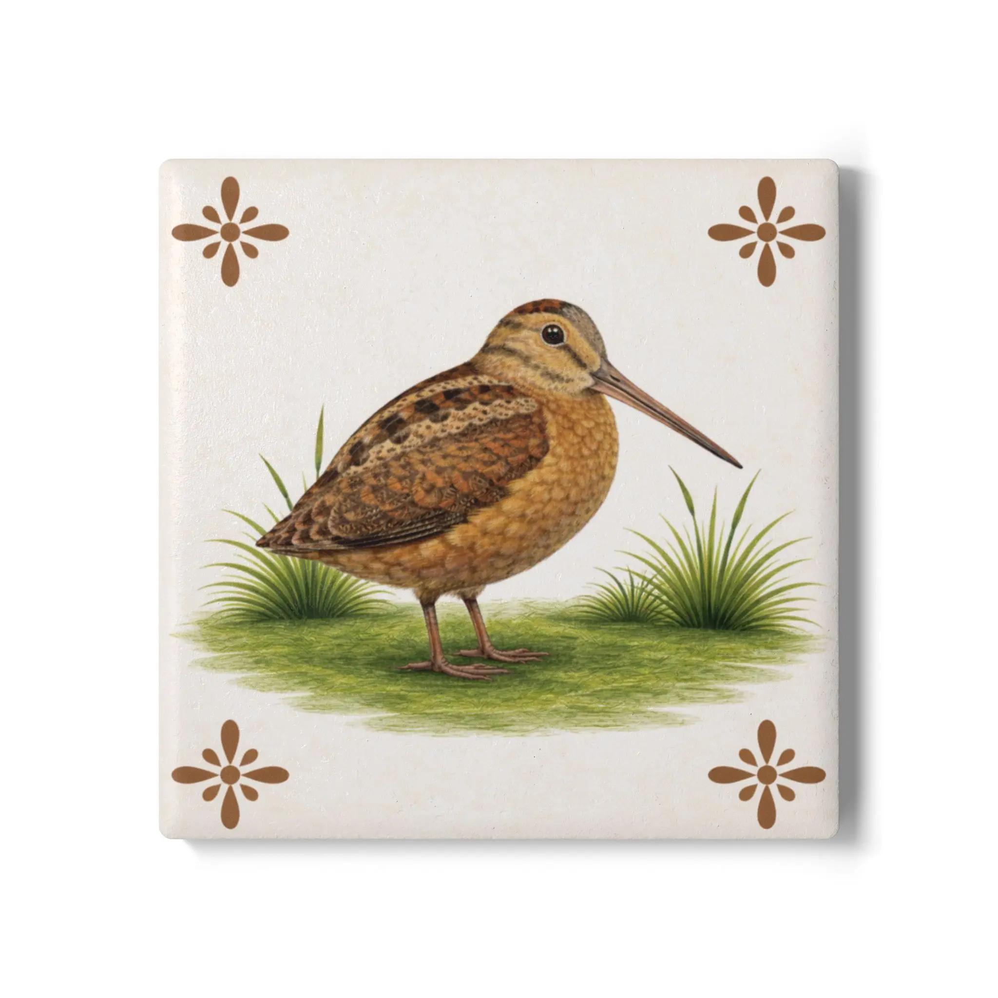 Durable Printed Ceramic Coasters - Bryant Park American Woodcock, Vintage Azulejos-Style Tile, Round/Square Size, for NYC Bird Lovers & Morning Coffee Drinks