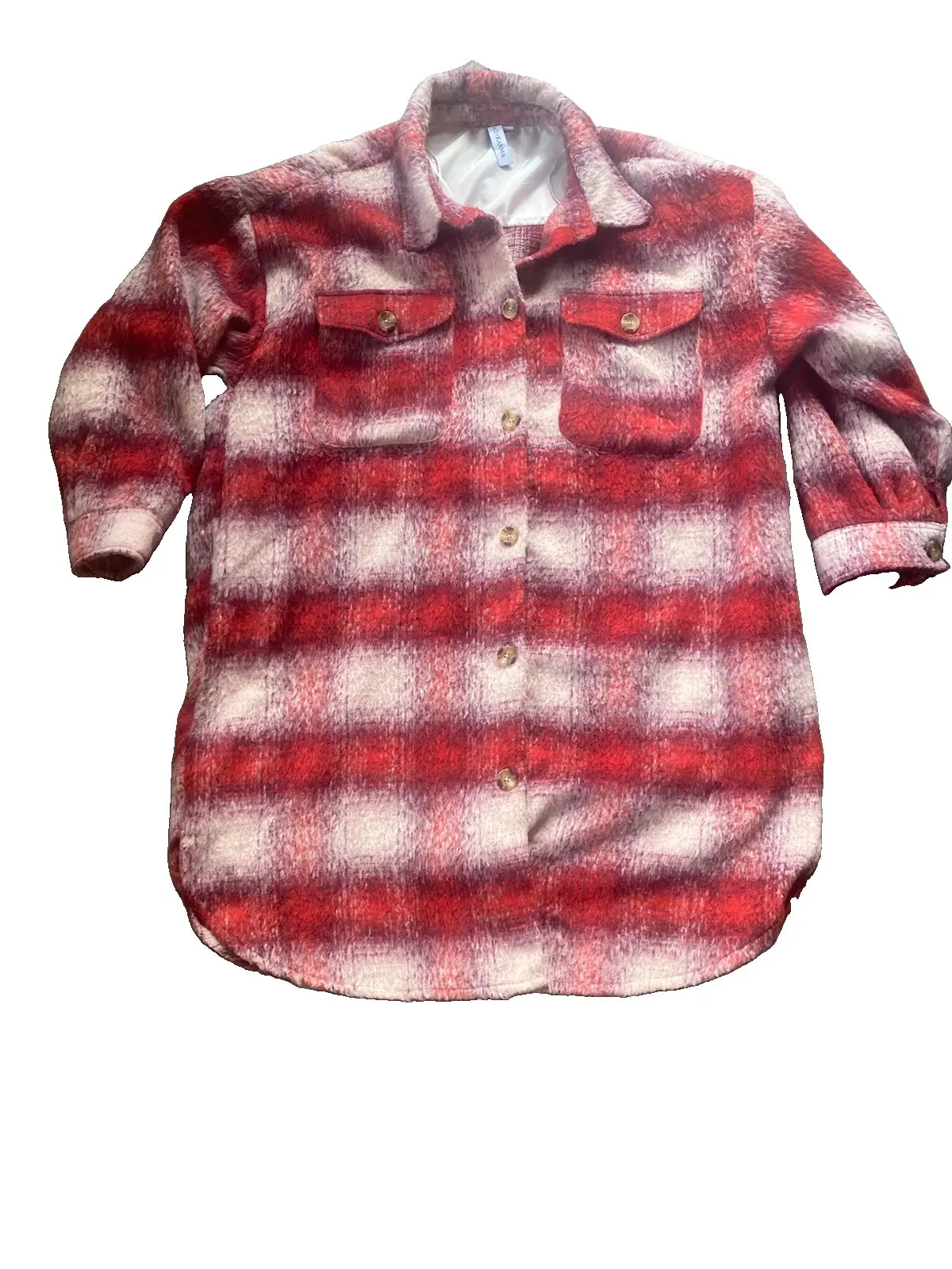 Grace + Karma Plaid Shacket Women 2X Red Cream Long Oversized Coat Jacket Plus