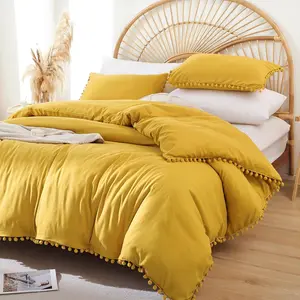 Queen Comforter - Comforter Queen Size Sets with Ball Pom Fringe, for Seasons - 3, 1 Comforter (90"x90")  2 Pillow Shams (20"x26"), Mustard Yellow