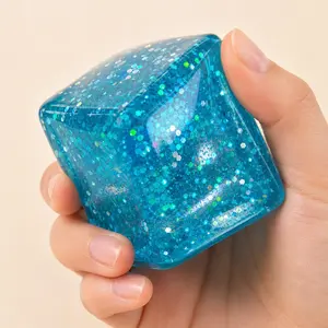 Viral Blue Glitter Ice Cube Squishy Fidget Toy - Satisfying ASMR Squeeze Stress Ball Sensory Toy for Anxiety Relief & Focus
