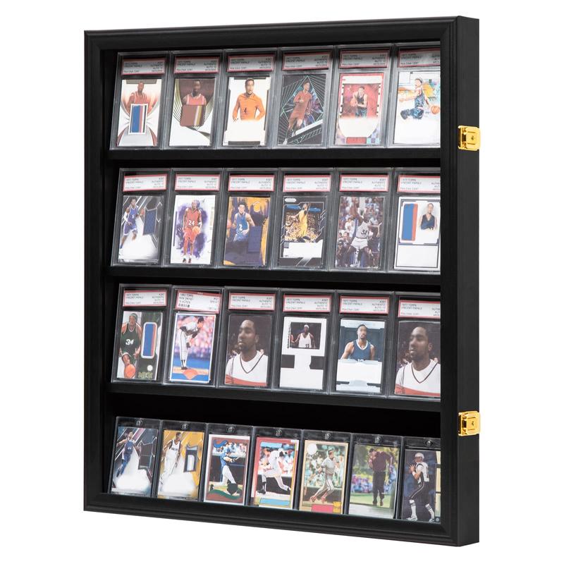 IHEIPYE Baseball Card Display Case 24 Graded Sport Card Display Case Vertical Wall Mount with Clear View and UV Protection Acrylic Door for Baseball Football Basketball Hockey Trading Card Collection, Black
