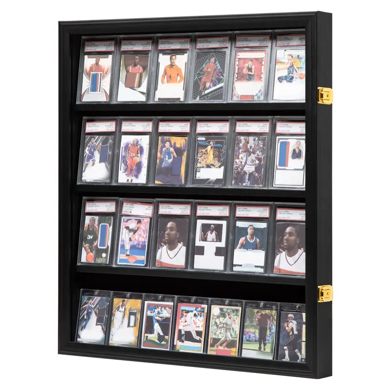 IHEIPYE Baseball Card Display Case 24 Graded Sport Card Display Case Vertical Wall Mount with Clear View and UV Protection Acrylic Door for Baseball Football Basketball Hockey Trading Card Collection, Black