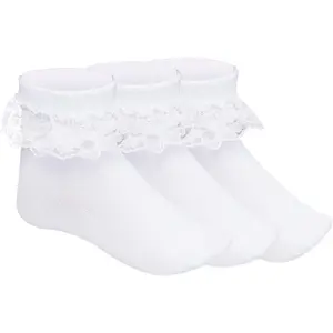 KF5-SOC017   3 Pairs Girls Ruffle Socks White Ruffled Lace Socks for Girls Toddler Frilly Dress