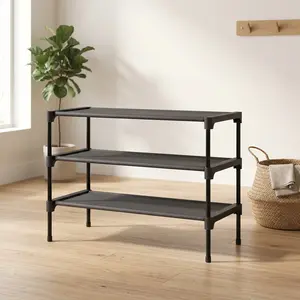 3 Tier Shoe Rack Organizer Stackable Shoe Shelf for Closet Entryway Garage Corridor Non Woven Storage Black