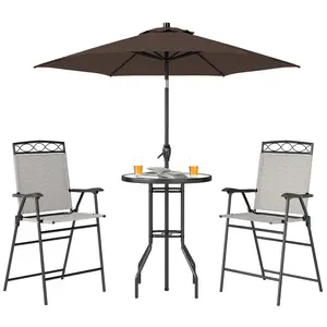 4 Piece Outdoor Bar Set with Umbrella, Patio Dining Set with 2 Folding Chairs, Wave Textured Tempered Glass Table for Backyard, Garden, Deck, Poolside, Beige