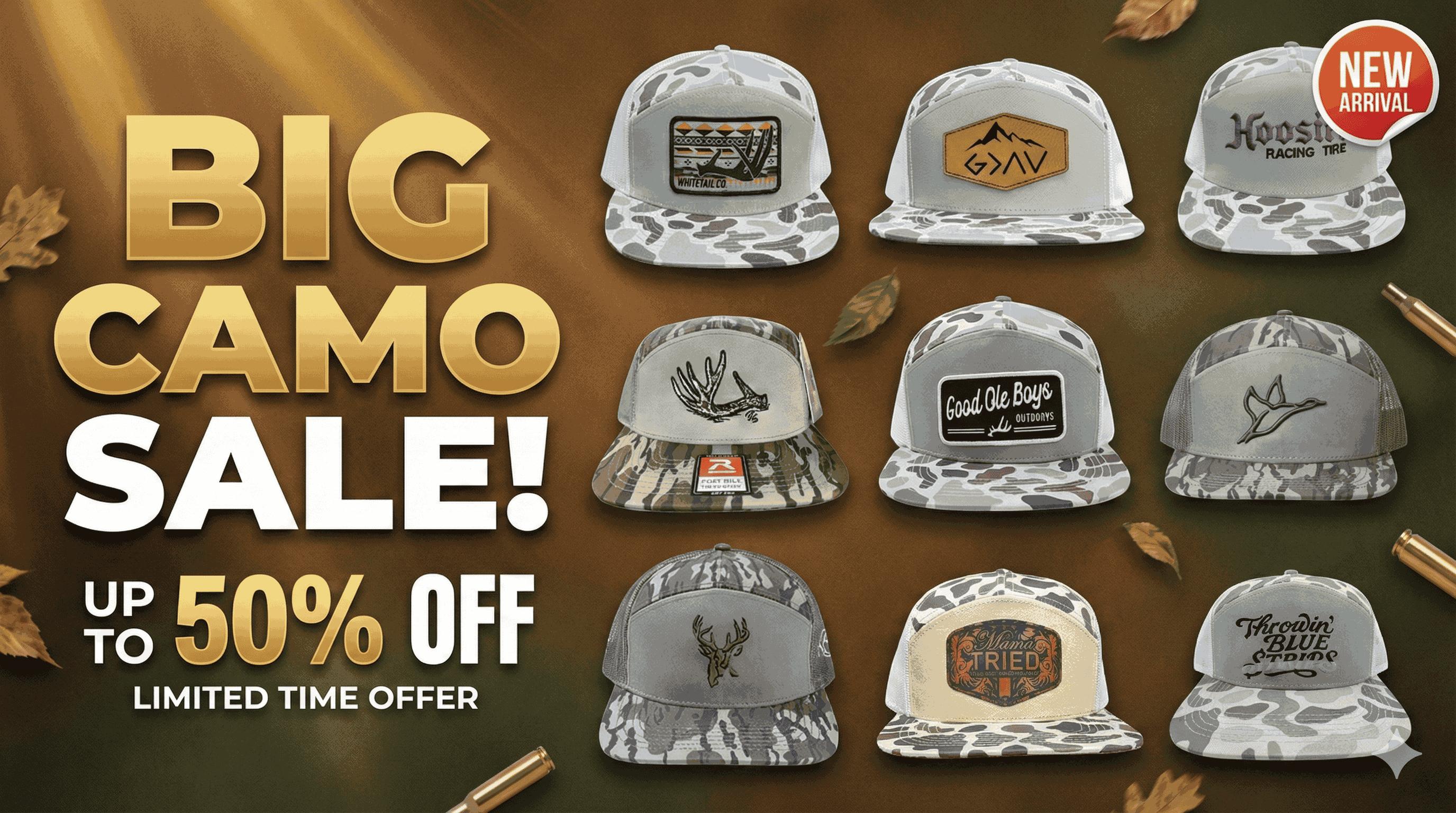 Camo Trucker Hat Collection | Whitetail Co,  Hoosier Racing Tire, Antler Shed, Good Ole Boys Outdoors, Mam a Tried, Throwin’ Blue Strips | Limited Trendy Camouflage Snapback Hats, Premium Adjustable Hunting & Fishing Gear