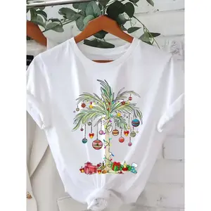 Women'S Christmas Palm Tree Graphic T-Shirt - Holiday Party Top with Tropical Palm Tree & Coconuts, Soft Everyday Casual Shirt for Christmas, New Year, Beach Outfits - Women'S Clothing, Christmas T Shirt, Festive Apparel, Comfortable Fit