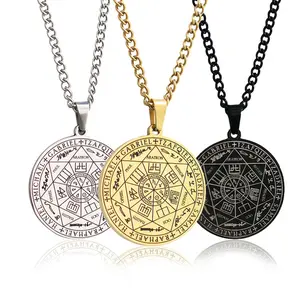 Seven angels magic circle pendant scripture seal totem rune tag stainless steel round plate men's and women's necklace