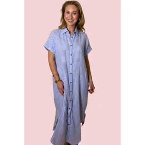 Sloane Blue Striped Button Down Midi Shirt Dress