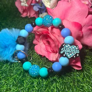 Disco mom Wristlet Keychain Color Scheme baby blue, turquoise, periwinkle, black and Bling Beads Made with Wire Durable Lightweight Stylish Accessory for Everyday Use