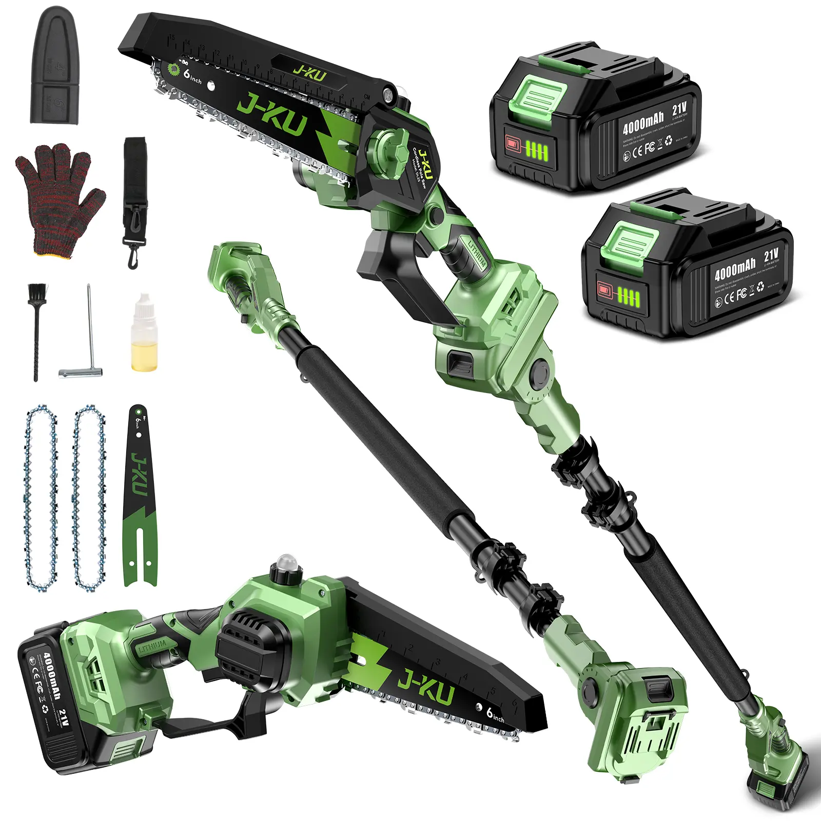 J-KU 2-in-1 Cordless Pole Saw & Mini Chainsaw, 9.4FT Reach Tree Trimmer, 2×4.0Ah Batteries, Tool-Free Tensioning, 120° Adjustable Head