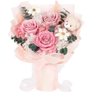 Preserved Flowers Bouquet with Bear, 3 Real Forever Flowers for Delivery, Long-Lasting Pink Eteranl Roses Bouquet Birthday Gifts for Women, Mother, Wife, Her