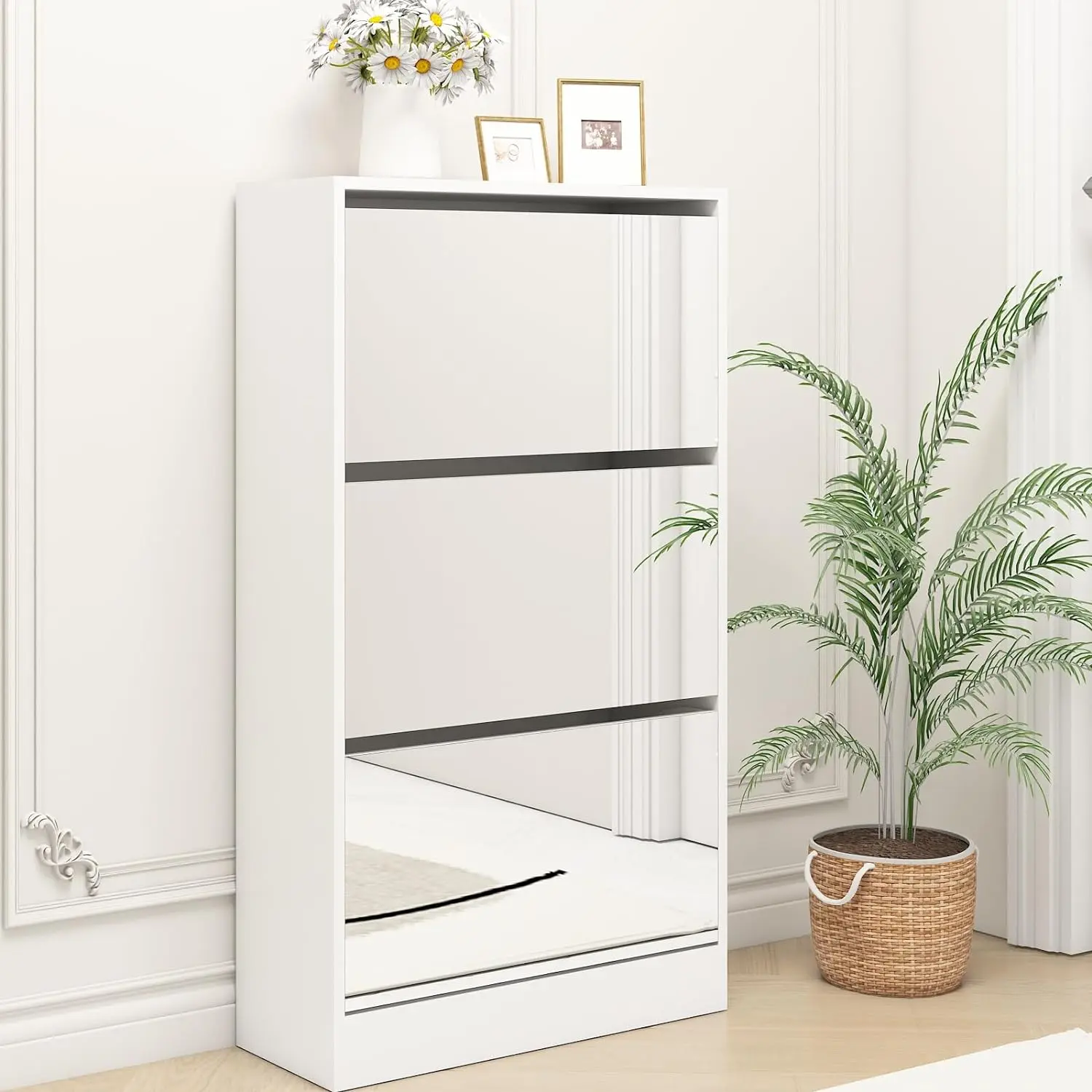 Shoe Cabinet Shoe Rack Storage Organizer with 3 Flip Drawers & Mirror, Freestanding White Entryway Shoe Cabinet Hidden Shoe Storage Cabinet for Entryway, Living Room