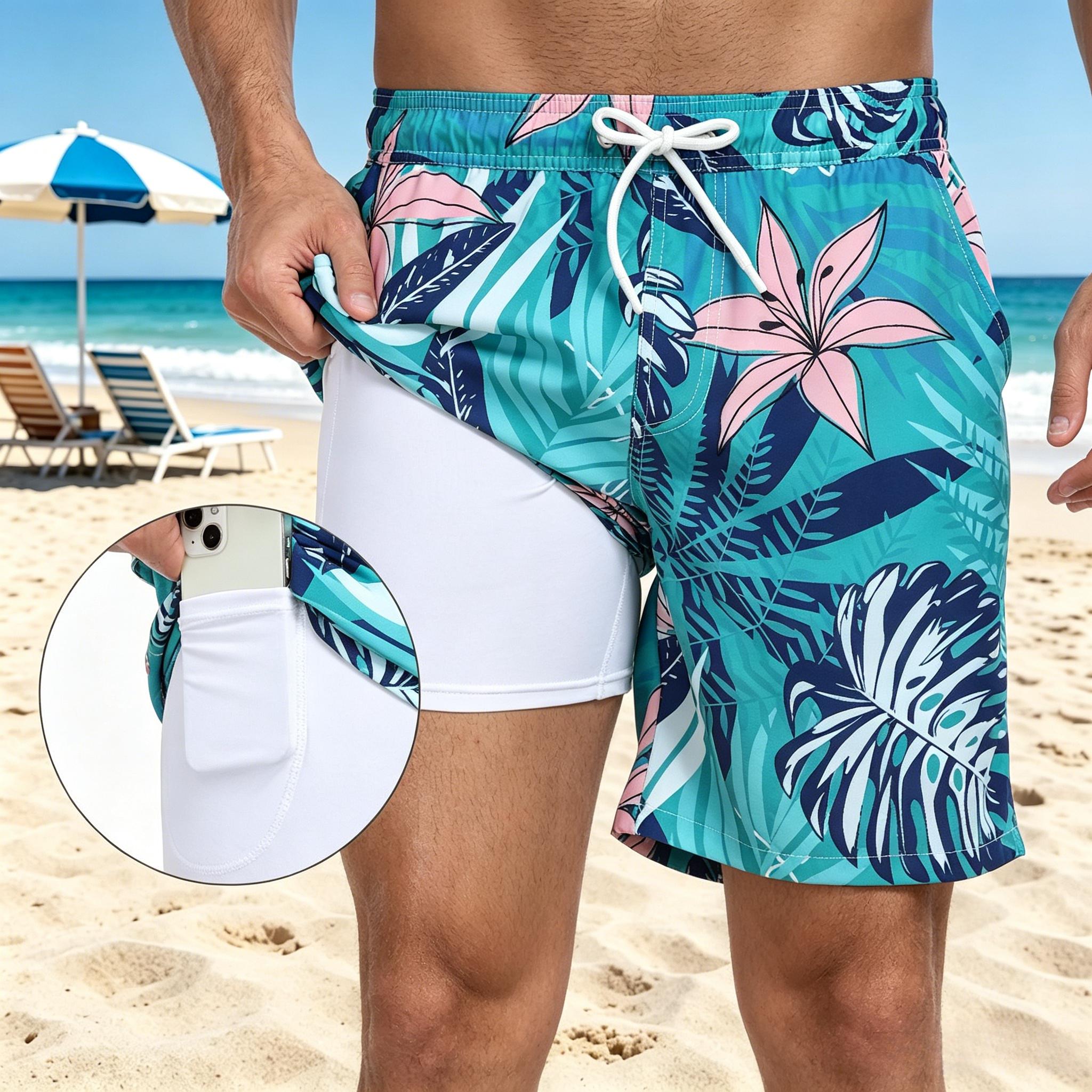Quick-dry surfing shorts, comfortable elastic men's beach swim trunks, sporty casual printed shorts