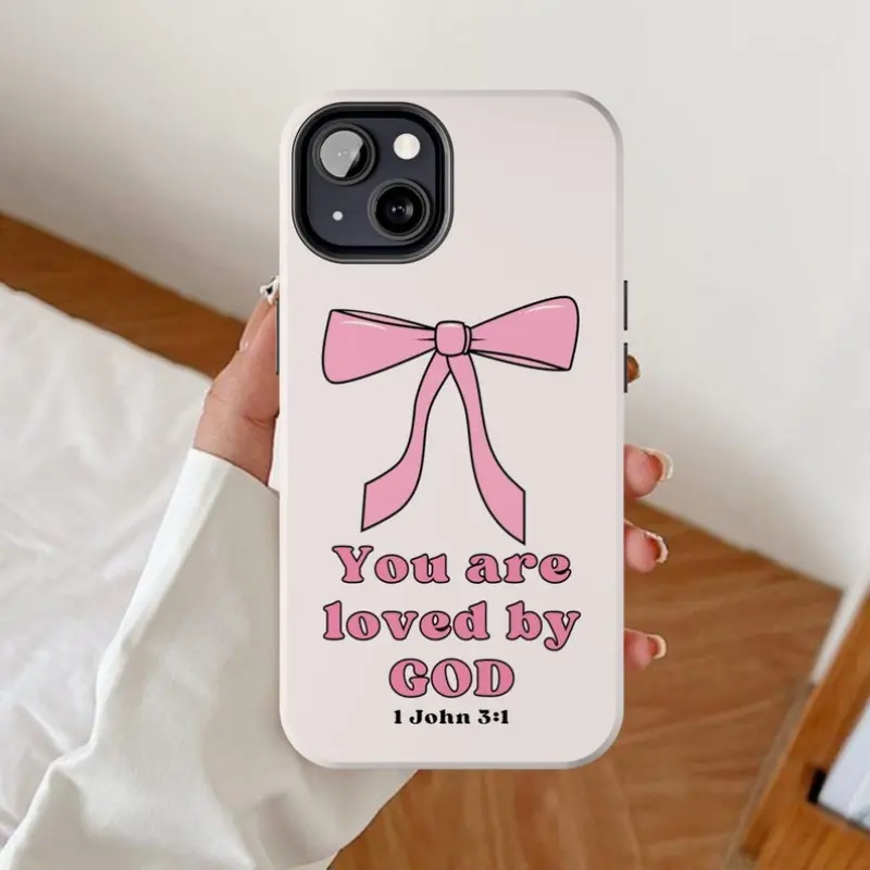 Coquette Catholic Religious Protective Phone Case - Bible Verse "You Are Loved by God" Quote, Pink Bow Ribbon Design, Durable Cover Casing, Suitable for iPhone 11 12 13 14 15 16 17 Pro Max Air Plus Accessories