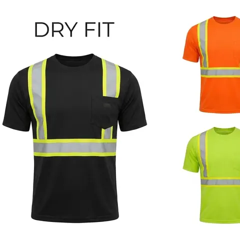 Hi-Vis Short-Sleeve Work Safety T-Shirt (2 or 4 Packs) - Crew Neck, Reflective Trim, Dry Fit, Breathable, Arm-Freedom Design, Multi Sizes, Lime/Orange/Black, Workwear Clothing, Safety Gear for Home Improvement & Security Use