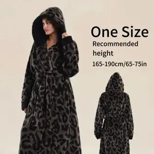 Elegant Coffee Color Leopard Print Flannel Bathrobe, Hooded Waistband Pocket, Unisex All-Size, Soft Comfort Home Wear