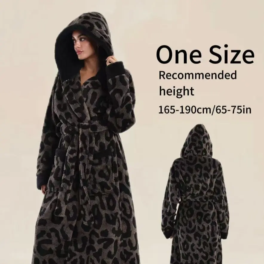 European Elegant Coffee Leopard Print Flannel Loungewear Nightwear Bathrobe, Hooded with Belt and Pockets, Unisex, Soft and Comfortable