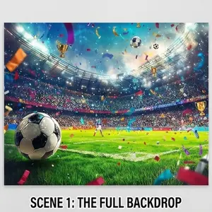 1 PC 2D Flat Banner Backdrop Soccer Stadium Victory Celebration with Golden Trophies and Confetti, Vibrant Blue and Green Tones, Polyester Fabric