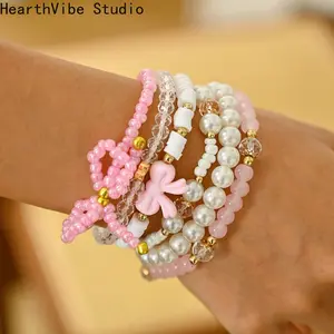 6 Pcs Glass Bead & Faux Pearl Bracelet Set Cute Y2K Bow & Heart Design Handmade Layered Bangles for Women Fashionable Boho Style Multilayered Bangles