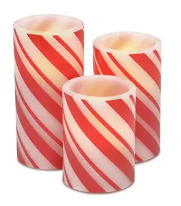Holiday Candy Cane Stripe Flameless LED Pillar Candle Set of 3, 6 Inch, Christmas Décor Lights for Home, Mantel & Table Centerpiece
