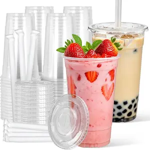 32 oz Clear Plastic Cups with  and  Boba Straws, Disposable To Go Cups for Iced Coffee, Milkshake, Smoothies, Boba Milk , Matcha Latte - 25 Sets