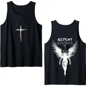 Repent Christian Faith Tank Top, Angel Wings Gospel Graphic Sleeveless Shirt, Kingdom Of Heaven Scripture Message Summer Top, Spiritual Believer Streetwear Muscle Tee, Christian Worship Tank Top
