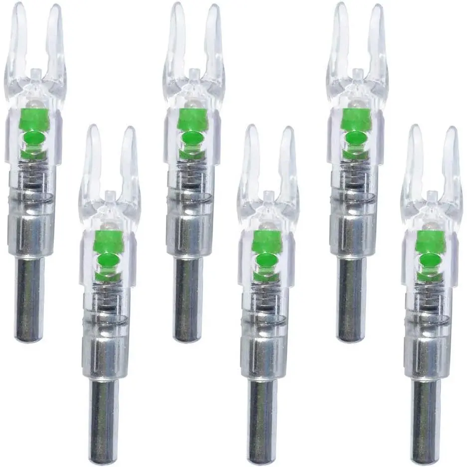 Long-Lasting LED Lighted Archery Arrow Nocks with Plunger, 6-Pack Set, .244/6.2mm Inside Diameter, 48+ Hr Battery Life, Lithium Batteries, High Visibility, Off Switch Hole, No Assembly Required for Compound Bow Hunting Tools