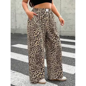 Plus Size Women's Leopard Print Woven Fabric Highwaist Wide Leg Pants with Pockets Casual Loose Trousers for Commuting & Daily Wear Bottoms Fit Womenswear Wideleg Brown